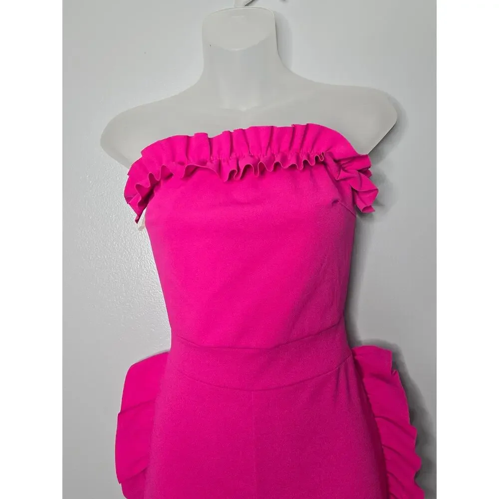 AKIRA Hot Pink Strapless Ruffled Side-Trim Jumpsuit - Picture 4 of 6